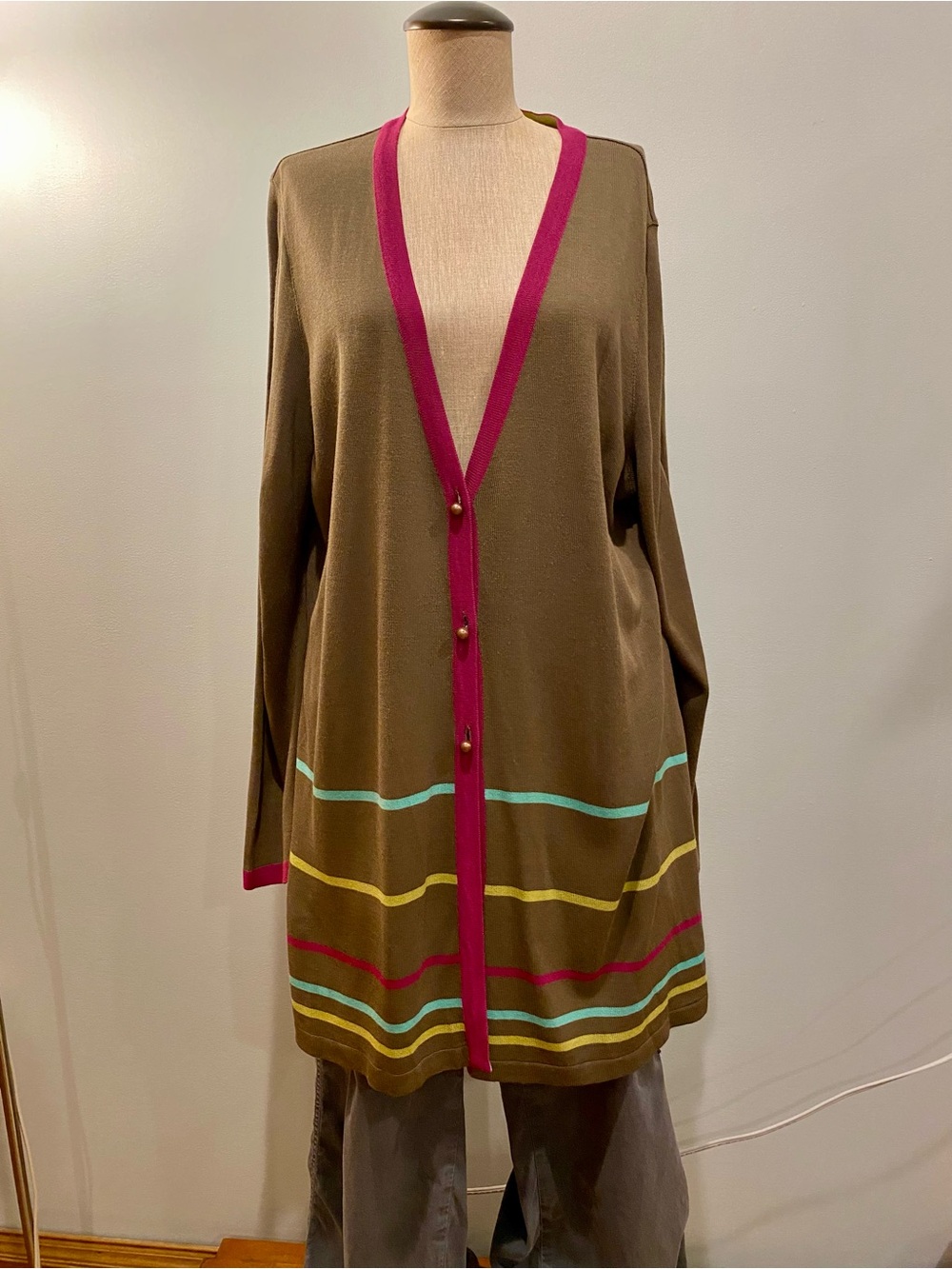 Devernois Taupe Striped Long Cardigan with Purple Trim. Size 18.